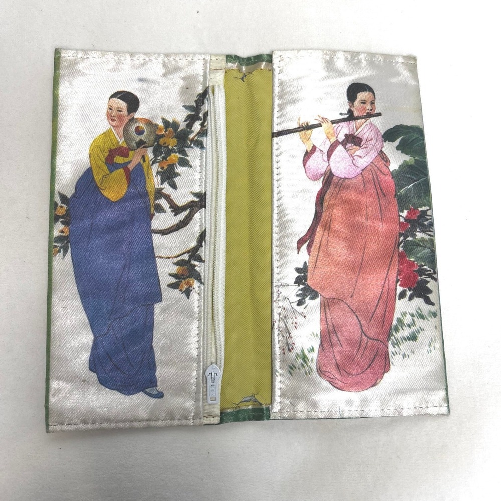 Vintage Korean Silk Wallet Hanbok Traditional Art Green Satin Zip Clutch Pouch